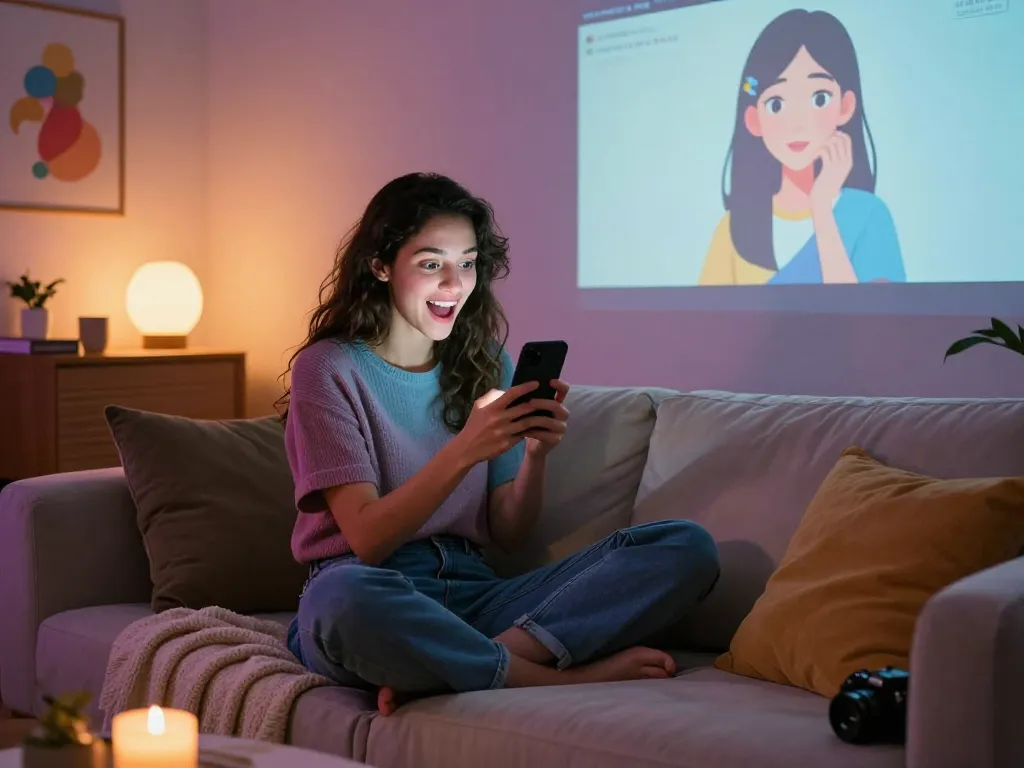 Engaged in ai porn chat, a woman interacts with a digital avatar in a cozy setting.