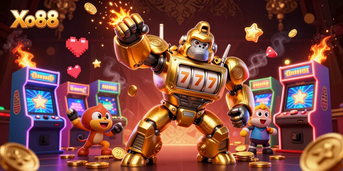 Engage with Xo88's dynamic 3D casino adventure featuring a golden gorilla mech.