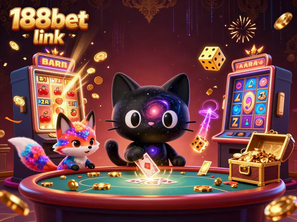 Engage with the thrilling 188bet link through a cosmic casino scene, featuring charming characters and dynamic game elements.