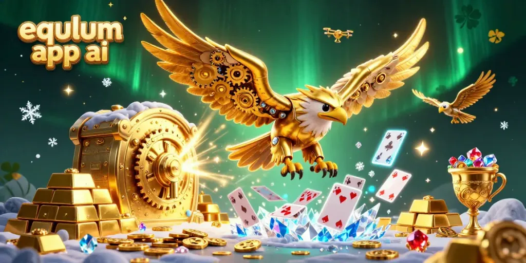 Engage in thrilling casino action with equlum app ai amidst dynamic holographic playing cards and treasures.