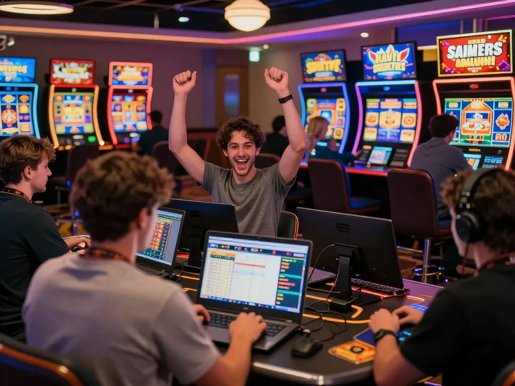 Players engaging with online games at https://rr88c.mobi/, celebrating wins and studying odds in a vibrant virtual casino atmosphere.