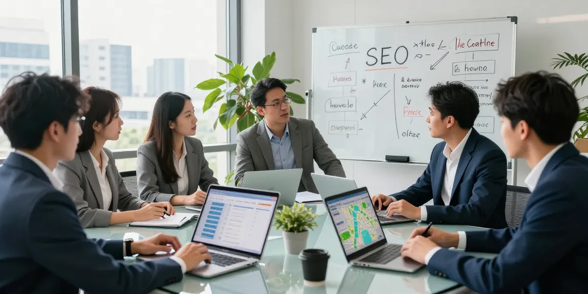 Equipo de agencia de SEO local colaborando en estrategias de posicionamiento en Google Maps.