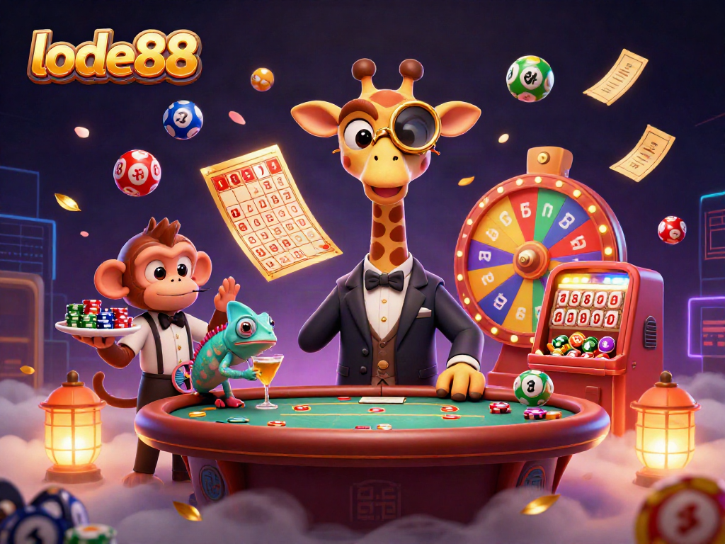 Engaging scene showcasing lode88 where a high-roller giraffe at a poker table meets lively casino elements.