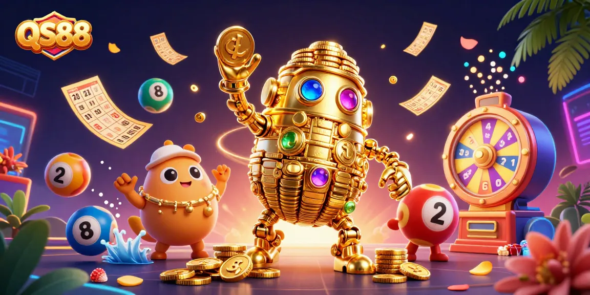 Engage in the vibrant gaming scene with QS88's animated golden golem and lottery elements.