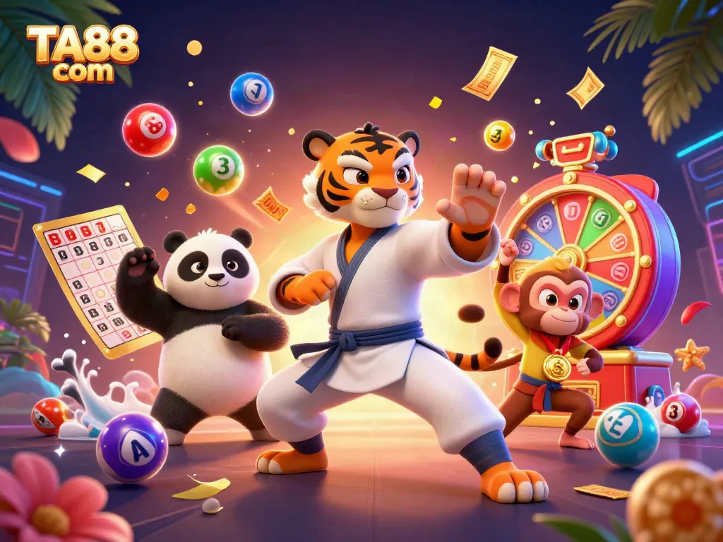 Engage in thrilling moments at TA88 com with vibrant lottery balls and a kung fu tiger master!
