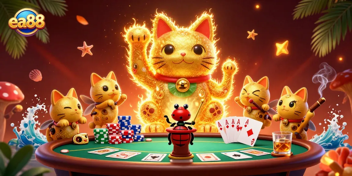 Experience epic wins at ea88 with a vibrant scene of a lucky cat amidst poker excitement.