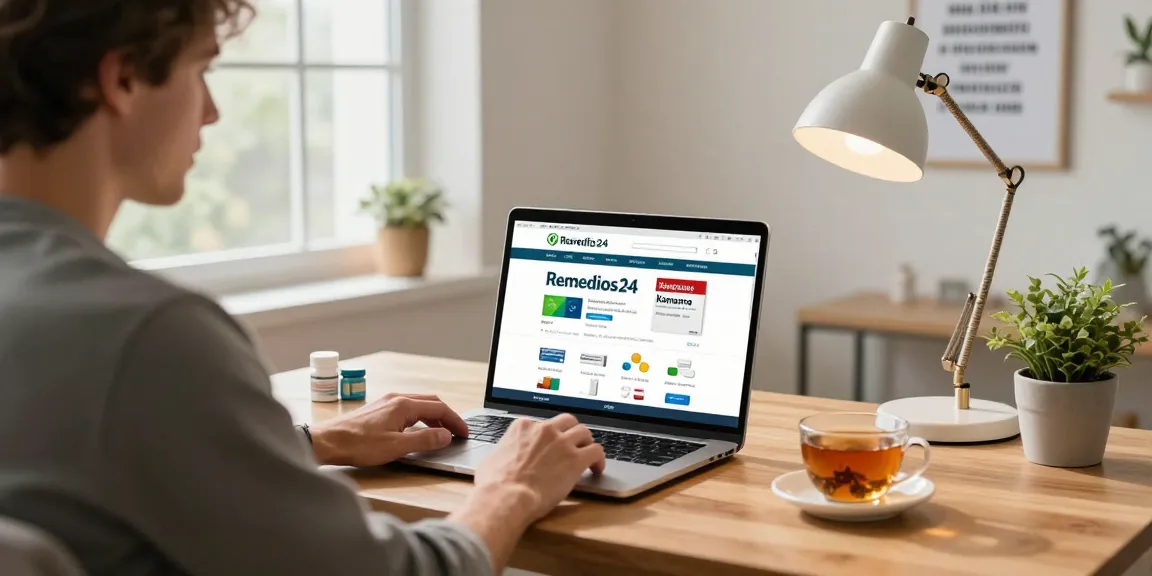 Man browsing Remedios24 to comprar kamagra españa online for men's health products.