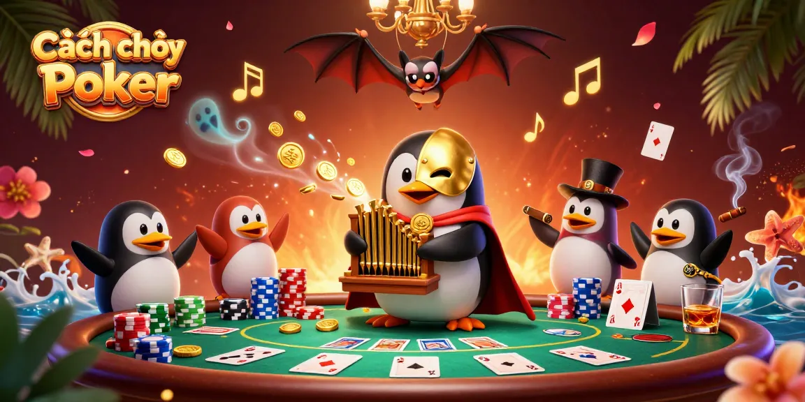 Cách chơi Poker illustrated with a cartoon penguin playing a pipe organ surrounded by poker elements.
