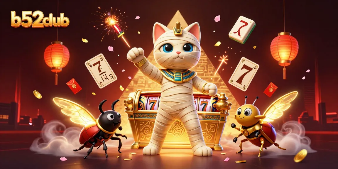 Engage with exciting games at b52club, featuring a vibrant casino scene with dynamic characters and golden elements.