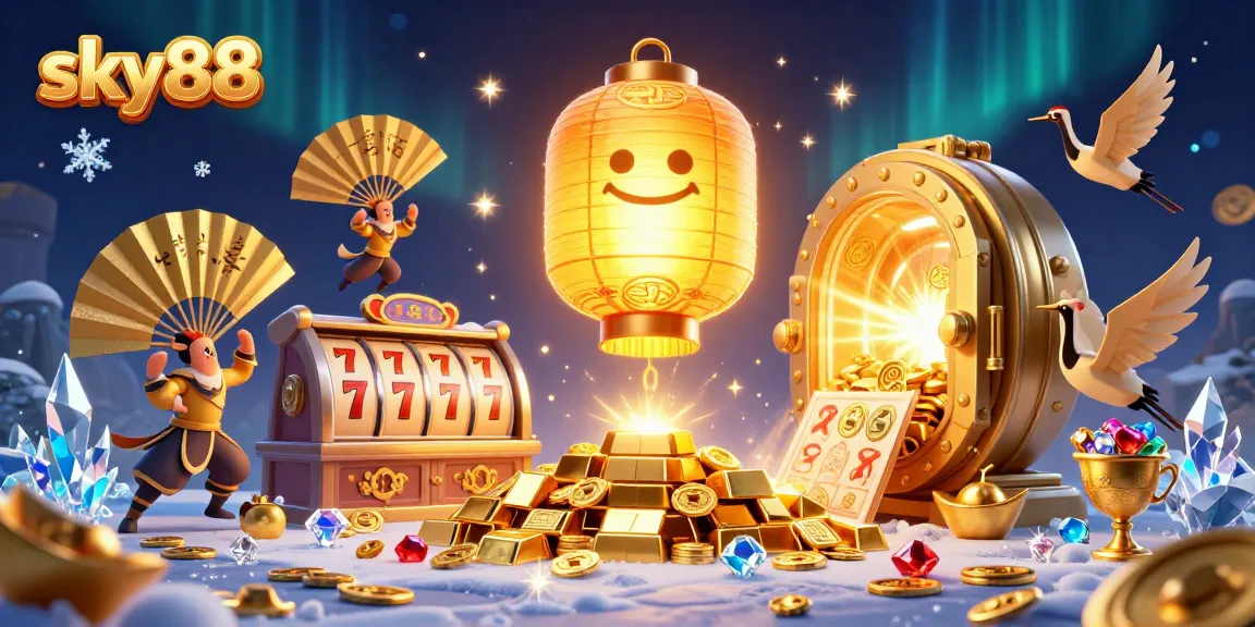 Experience the vibrant excitement of sky88 with a 3D golden lantern spirit at an animated casino scene.