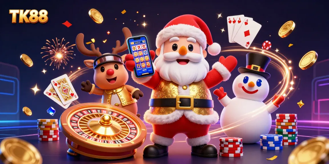 Join Santa and friends at TK88 as they spin for jackpots and celebrate with colorful casino elements.