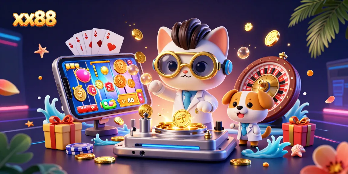 Engage with vibrant slot action at xx88, featuring a mad scientist cat and golden coins in a 3D casino.