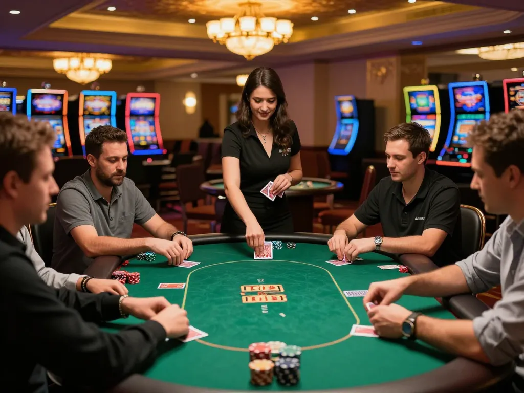 Players at S8 poker table strategizing bets in a vibrant casino atmosphere