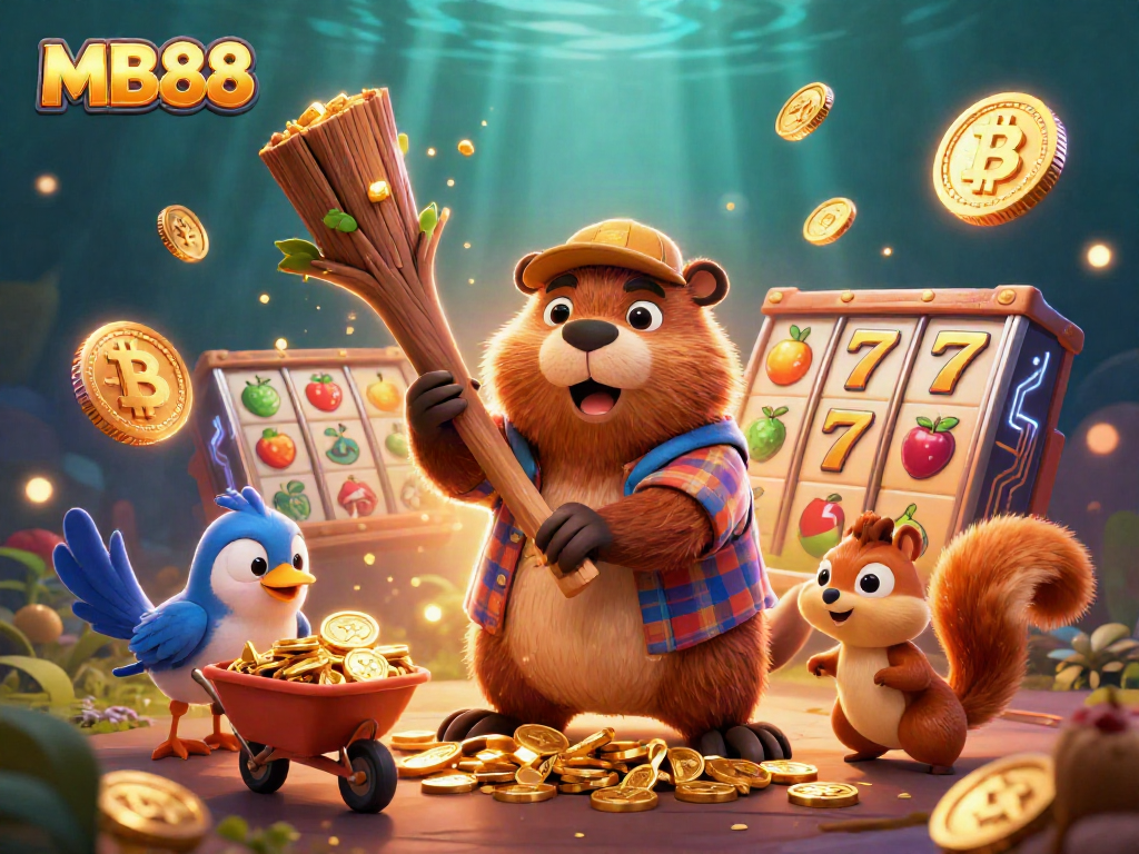 Win big at MB88 with a lively beaver and friends in a dynamic casino illustration.
