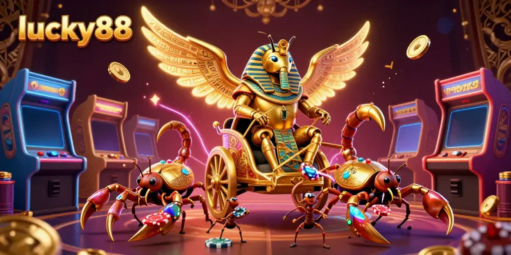 Experience high-stakes fun with lucky88 as a golden scarab rides into a dynamic gaming scene.
