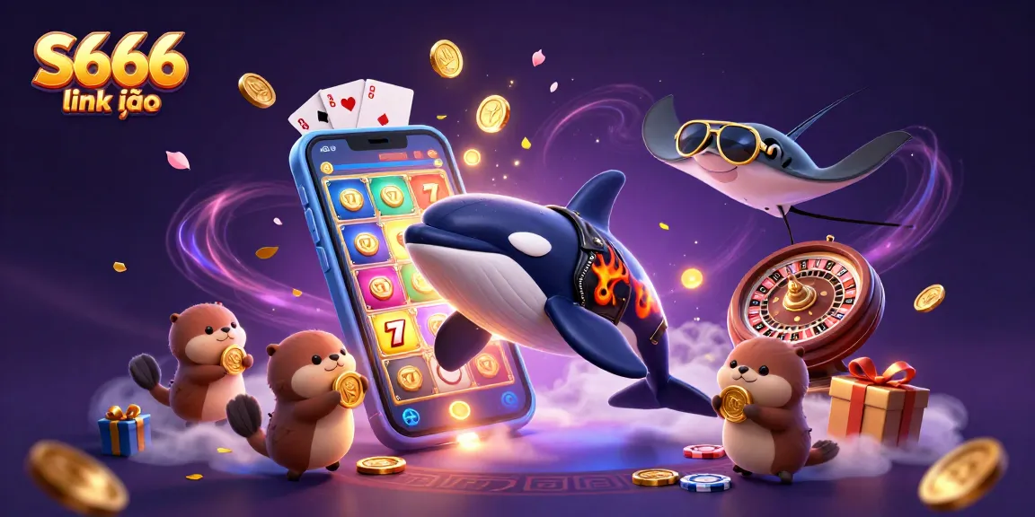 S666 link vào features a vibrant 3D scene with an orca, stingray, and otters celebrating casino wins with coins and games
