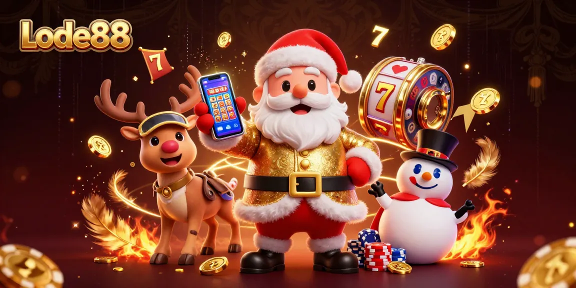Lode88 showcases an enchanting casino scene with Santa, reindeer dealer, and poker chip snowman.