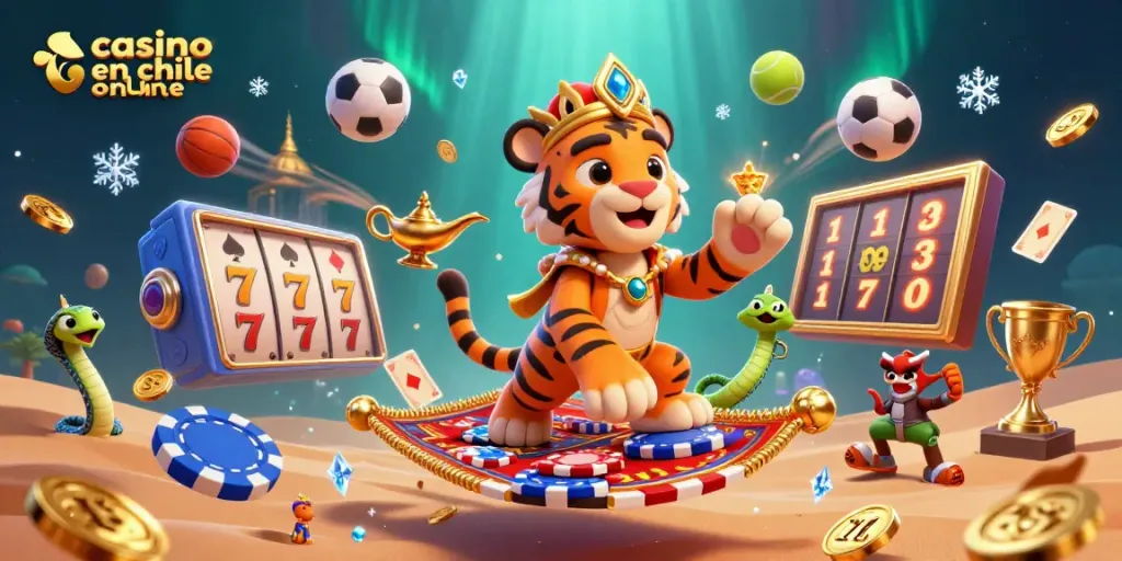 Captura de juego emocionante en un casino en Chile online donde un tigre sultán navega en una alfombra voladora de fichas de póker.