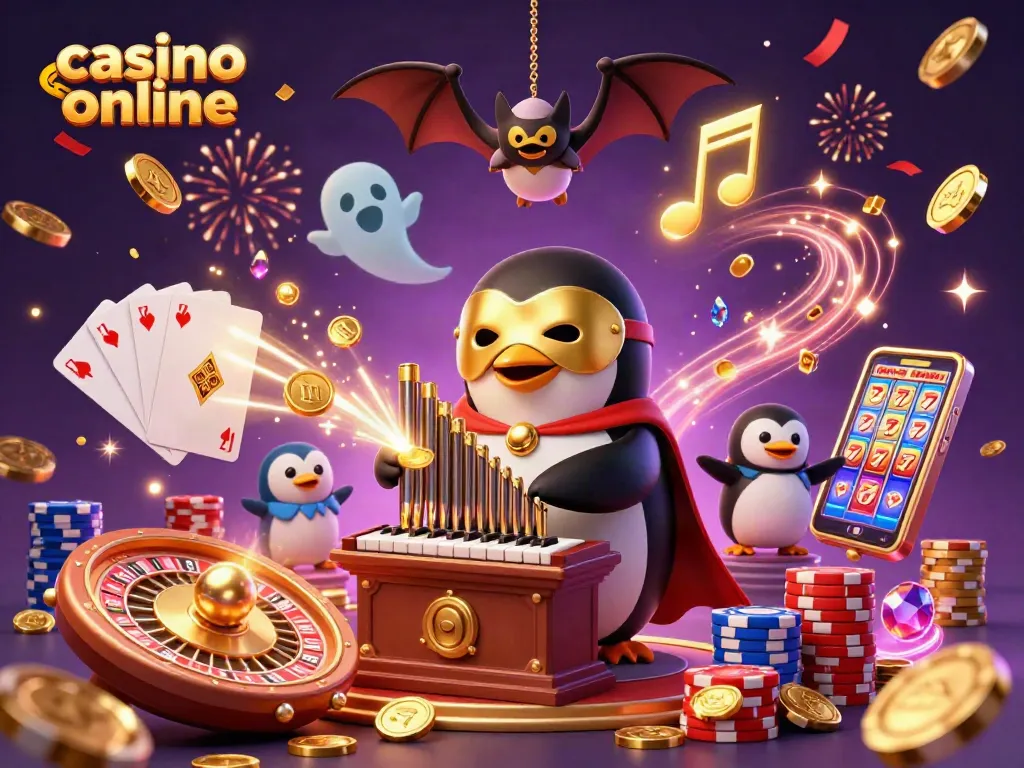 Jugando en un casino online, un pingüino fantasma se divierte con monedas doradas volando por el aire.