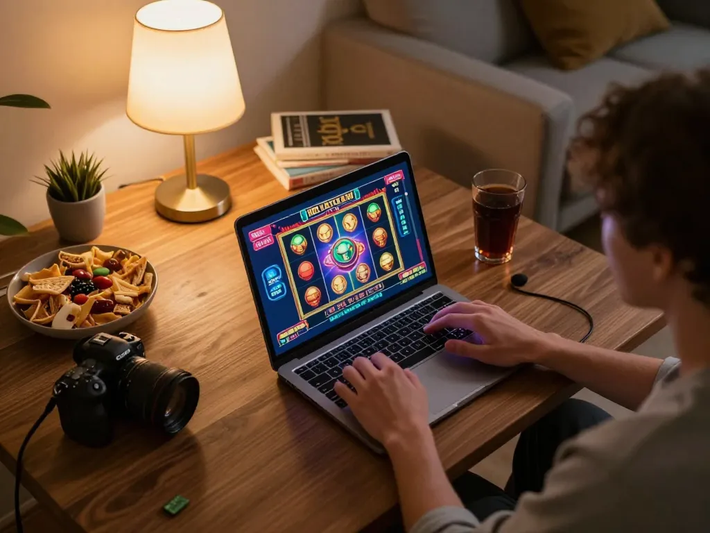 Player enjoying online gambling at home with xx88 slot game interface visible on laptop screen.