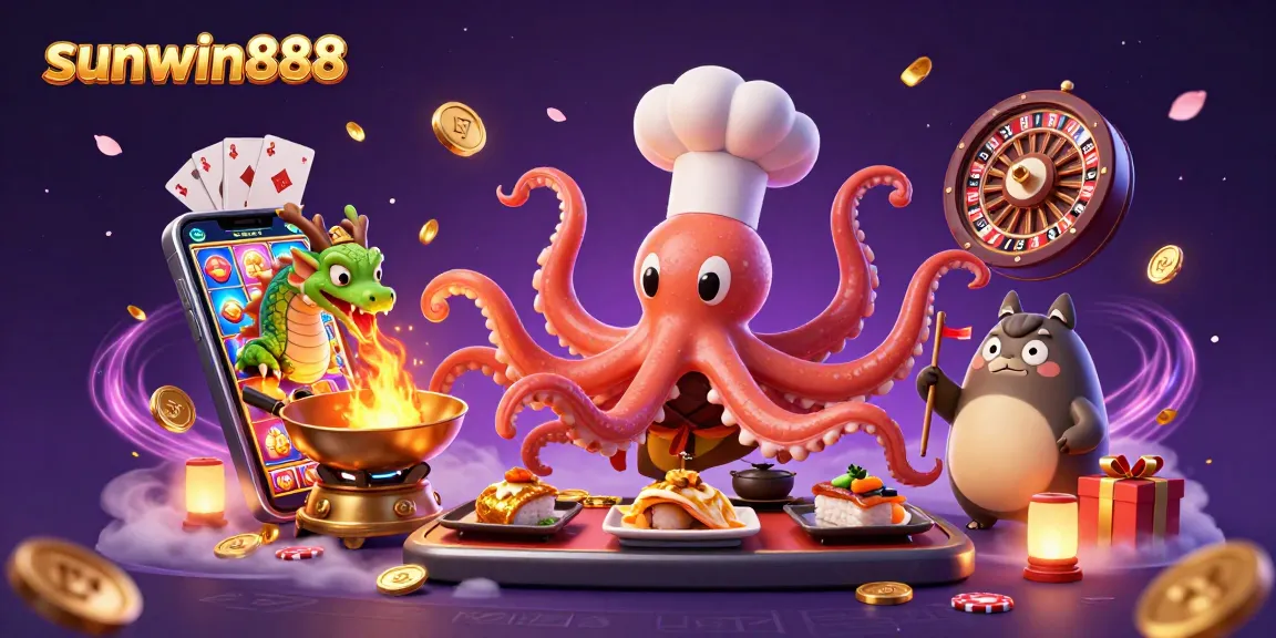 Spin to win with sunwin888, featuring a vibrant scene of a sushi chef octopus and magical elements.