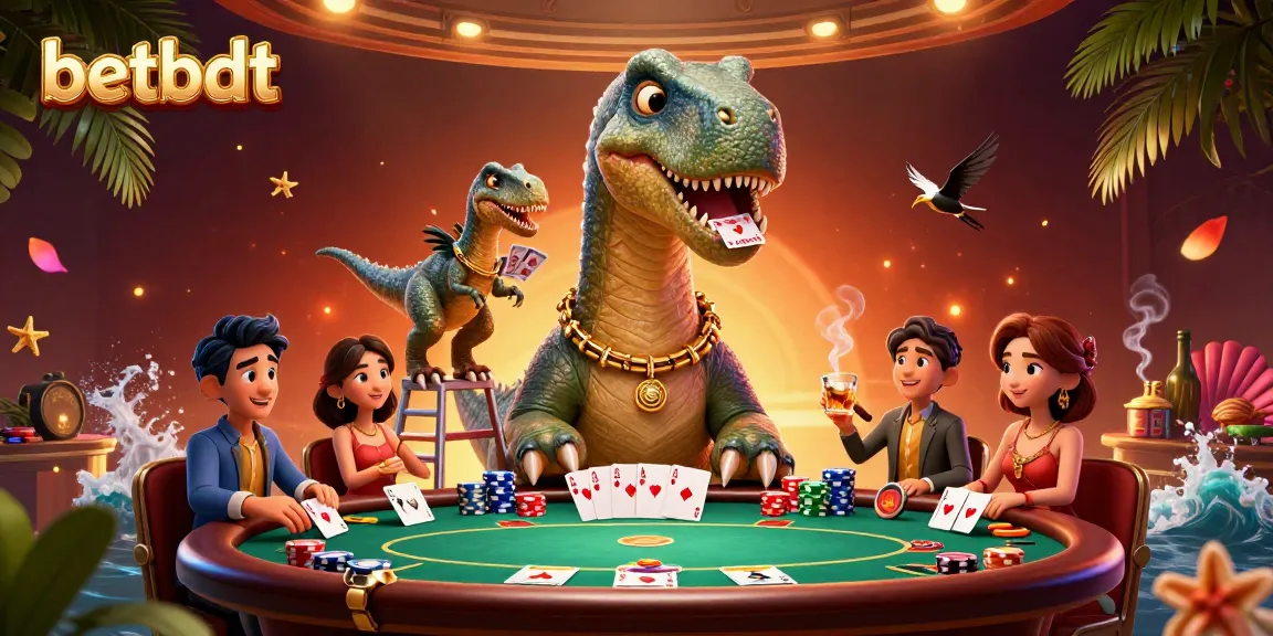 Experience betbdt's vibrant poker action with a whimsical dinosaur dealer scene.