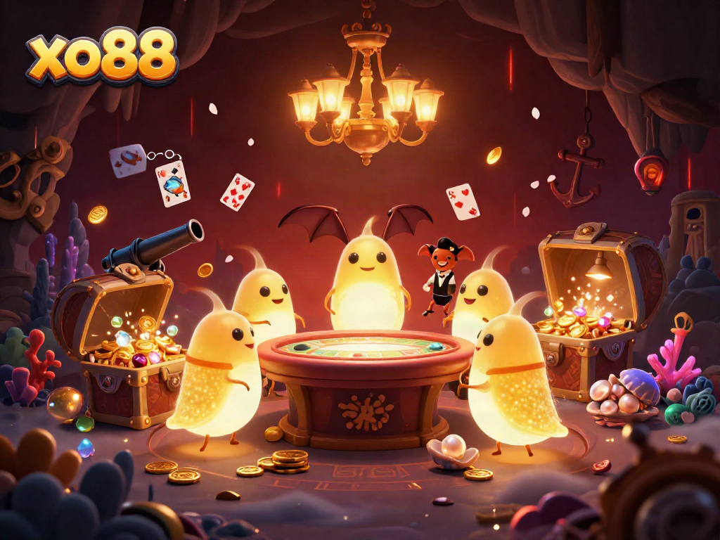 Experience the vibrant glow of xo88 as cartoon glowworms illuminate a dynamic underwater casino scene.