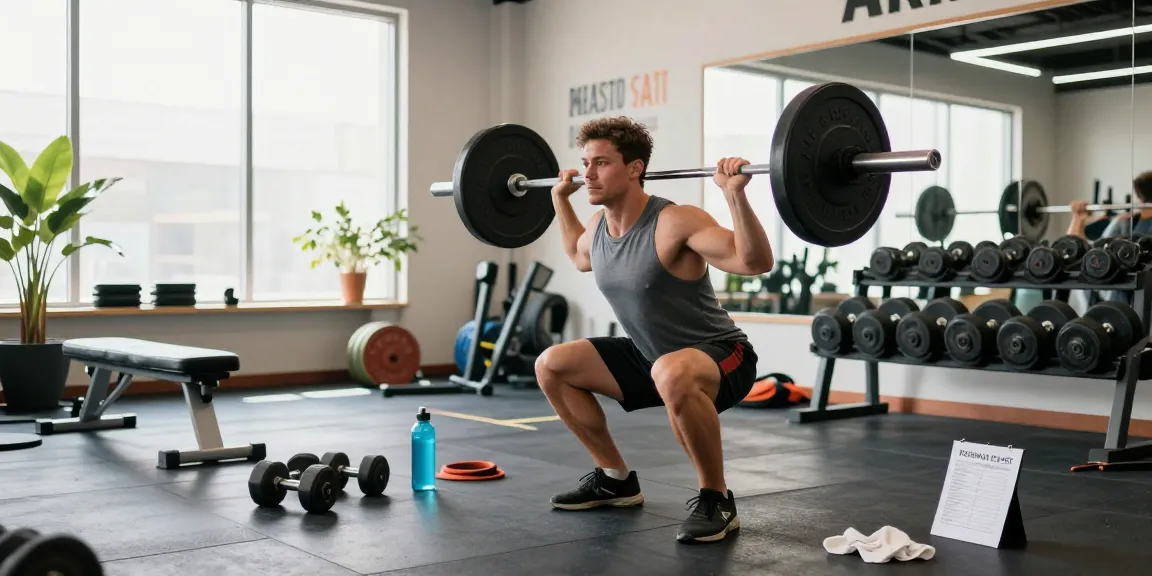 Hombre musculoso en el estudio de fitness de Esteroidesshop realizando sentadillas con barra con equipo de gimnasio en una atmósfera brillante