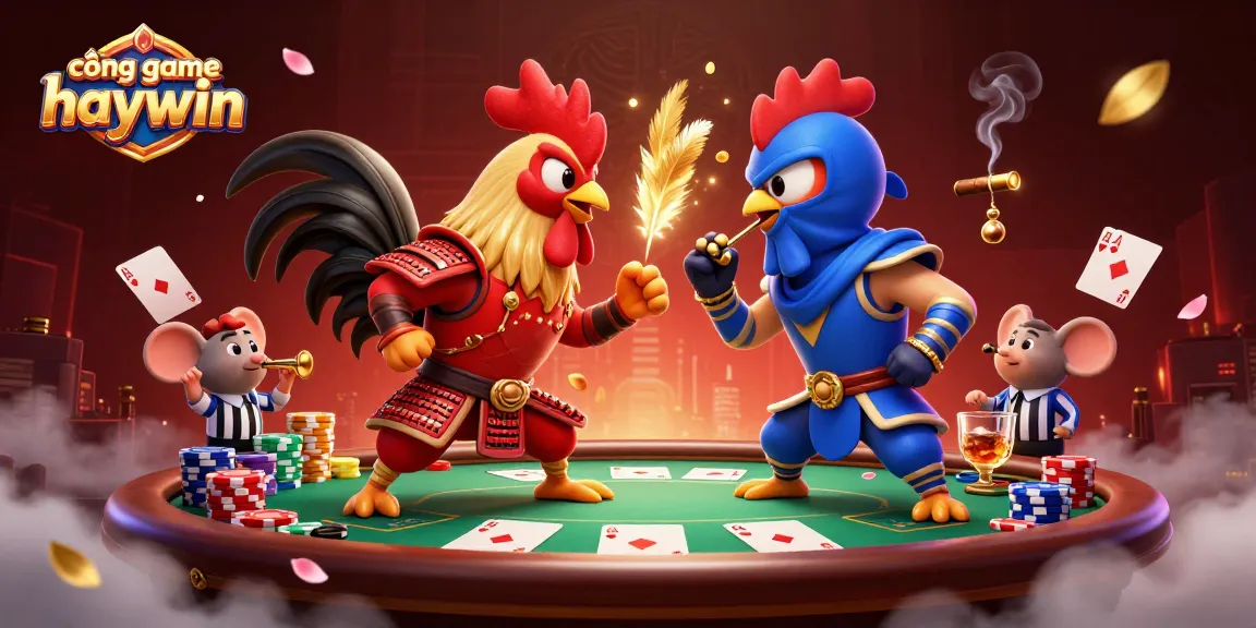 Engage with the cổng game haywin experience in a dynamic illustration of fighting roosters and poker elements.