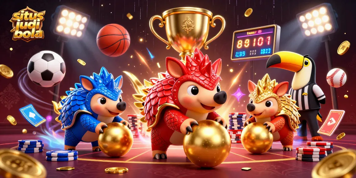Situs judi bola menghadirkan dua pangolin bersaing dengan pelindung, menggelindingkan bola emas dan bertaruh di atas tumpukan chip poker.