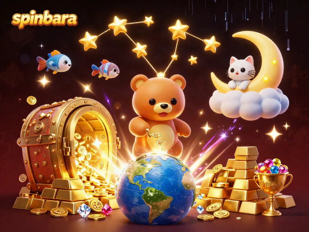 Experience the thrill of Spinbara with an enchanting 3D illustration of cosmic characters collecting coins.