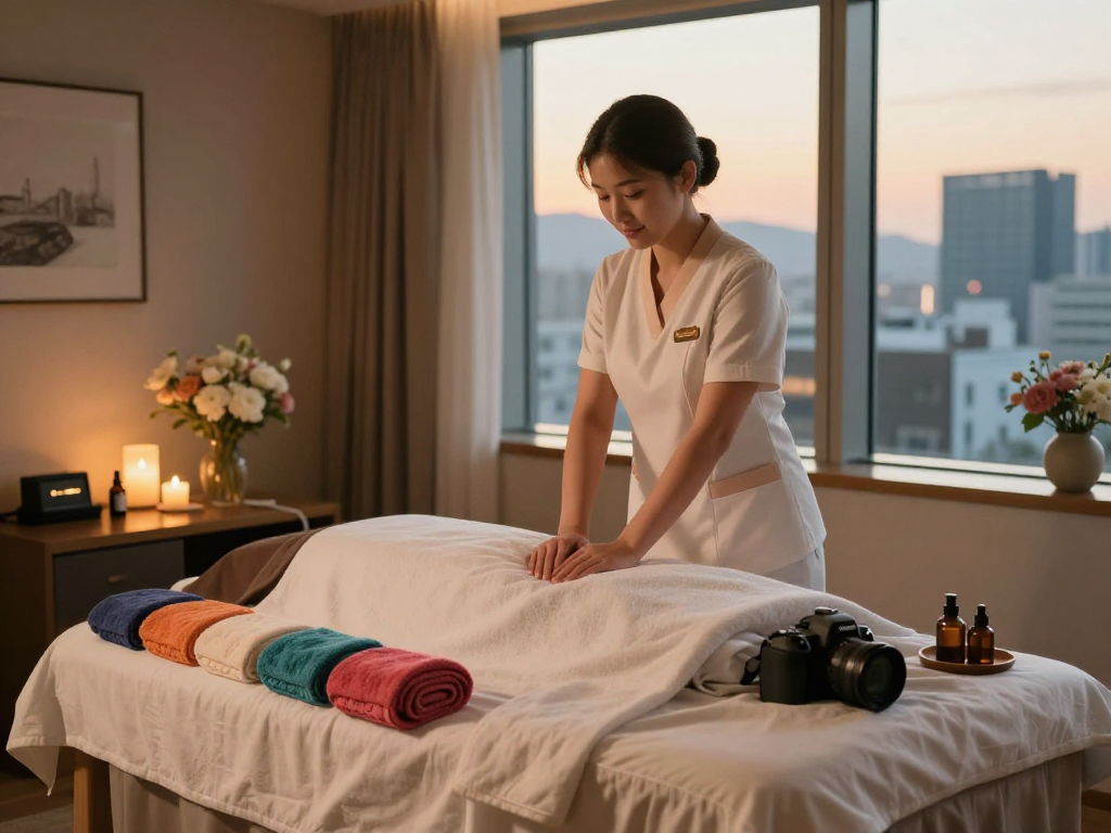 서울출장안마 service in a serene hotel room, featuring a professional therapist and a prepared massage table setting.