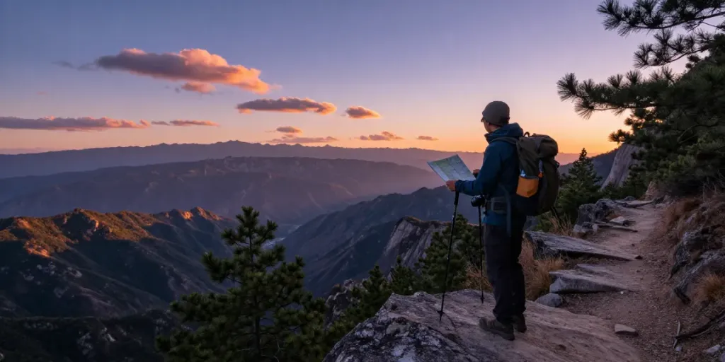 Escalada a un mirador de montaña al atardecer con Phuwerte Inwersowia en la mochila, disfrutando la vista.