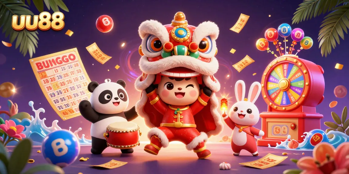 Engage with uu88's exciting casino atmosphere featuring playful characters and vibrant lottery elements.