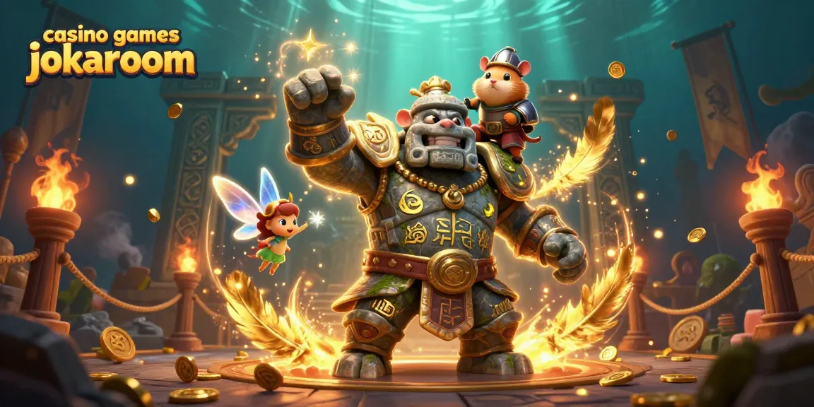 Immerse in casino games jokaroom featuring a vibrant 3D illustration of magical characters and golden treasures.