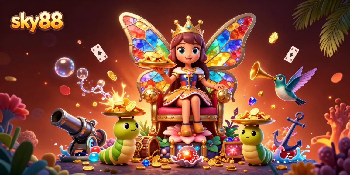 Engage with sky88’s vibrant casino world featuring treasures, butterfly queen, and vibrant game elements