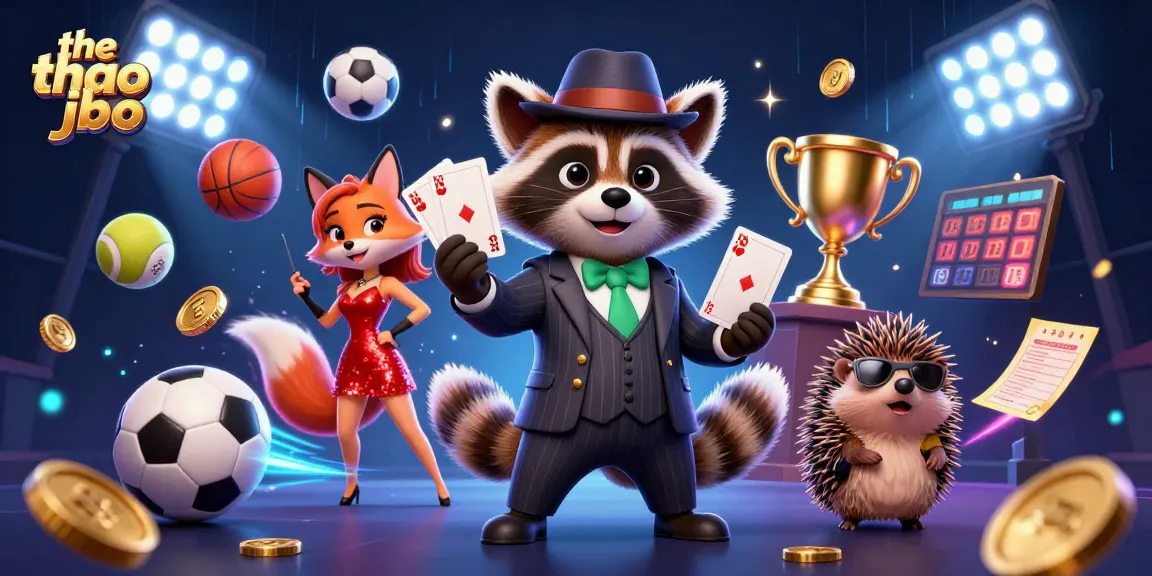 The thao jbo showcases thrilling sports betting with dynamic sports balls, illuminated trophy, and engaging characters.