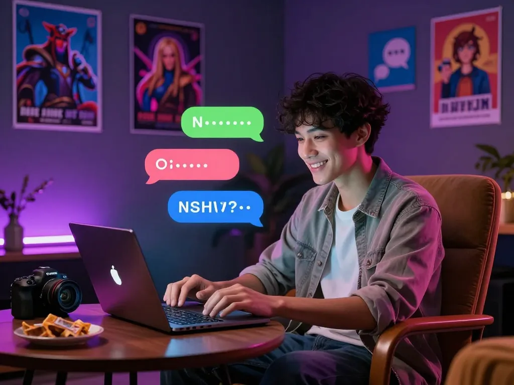 Interactive nsfw chat experience showcasing a user engaging with a vibrant AI chatbot in a colorful setting.