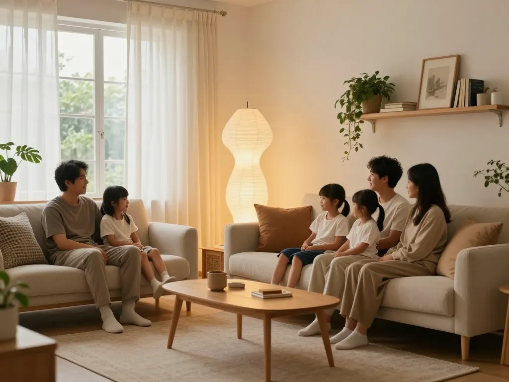 Sala de estar acogedora con luz cálida de las lamparas papel creando una atmósfera invitante.