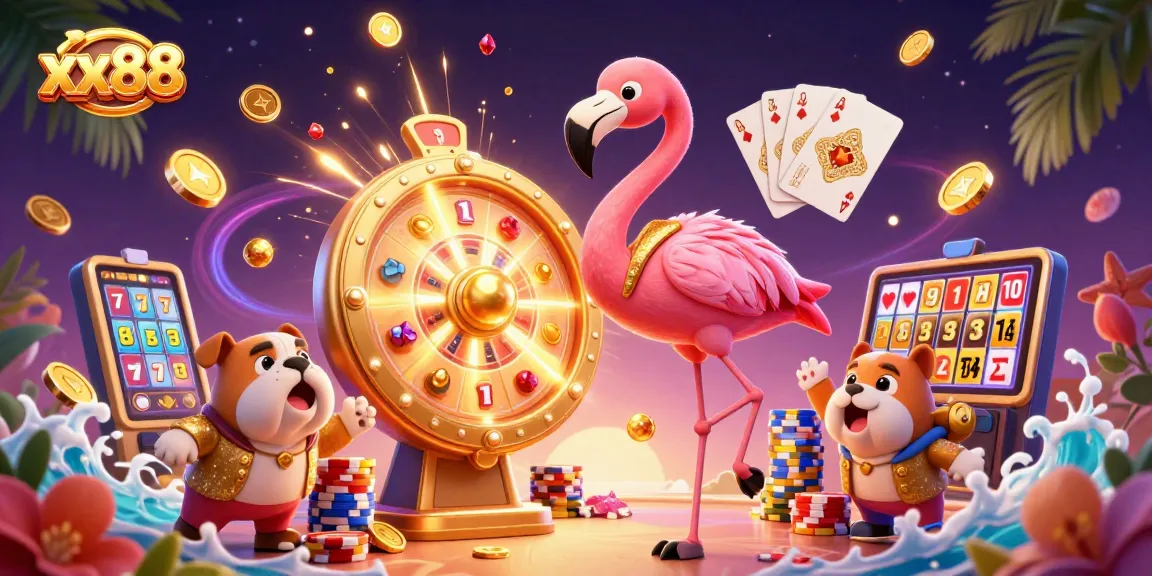 Experience excitement at xx88 with a dynamic game show scene full of casino-themed elements.