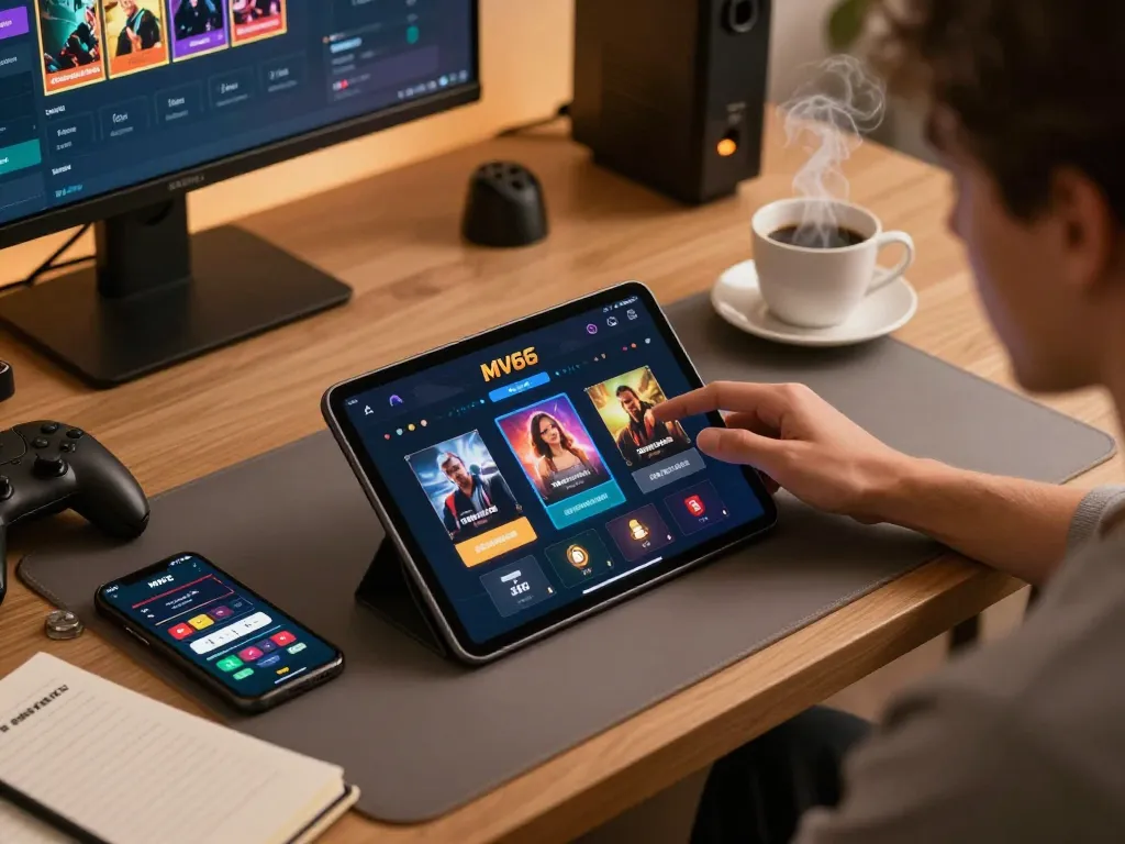 Player exploring MV66's casino app on tablet while preparing betting strategies at home