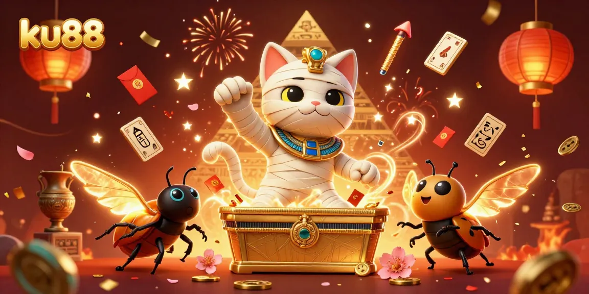Join the excitement at ku88 with an Egyptian mummy cat and scarab beetle in a vibrant casino scene, celebrating wins!