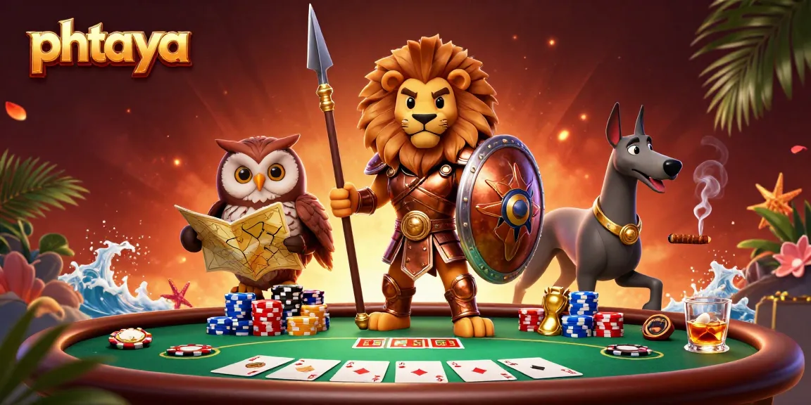 Phtaya engages players at a vibrant poker table surrounded by dynamic casino elements in a 3D scene.