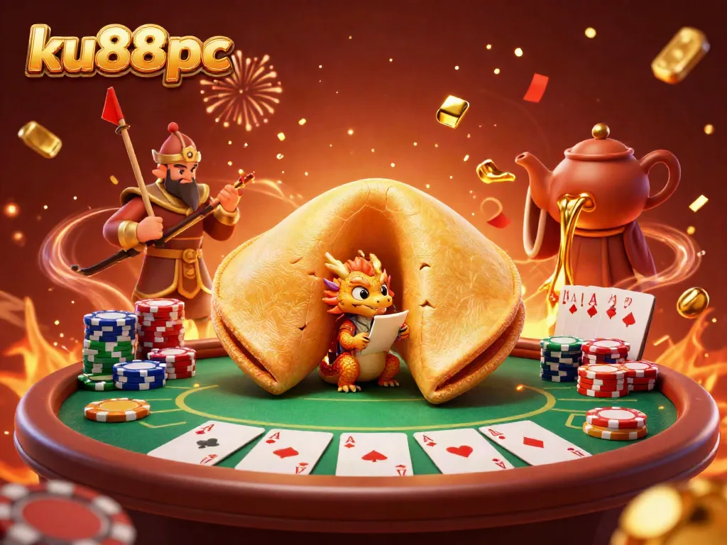 Experience thrilling wins at ku88pc with a vibrant 3D scene of fortune and poker elements.