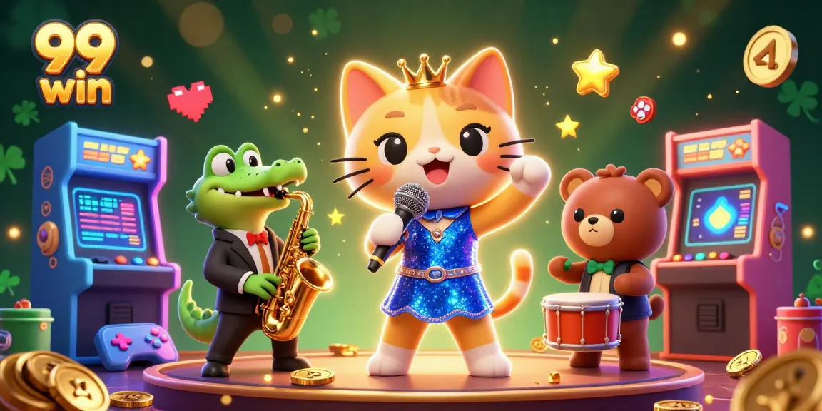 Experience the excitement of 99 win with vibrant casino characters and game elements in one lively scene.