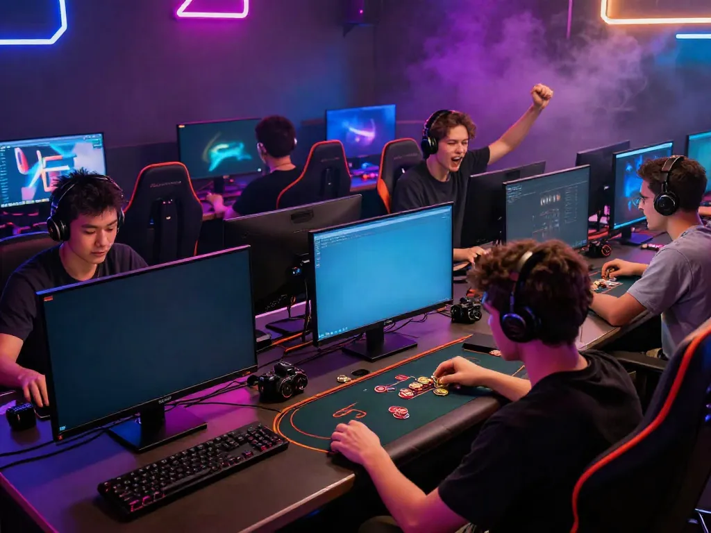 Engaged players at https://nbet.group/ in a vibrant online gaming lounge.