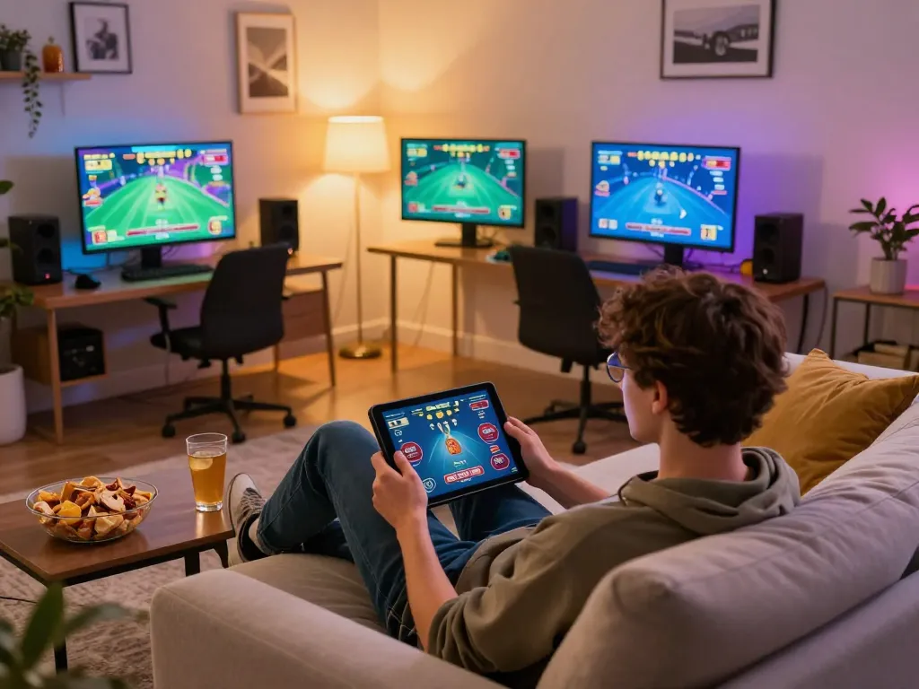 Engaging in online casino gaming on mm88, with a tablet displaying live dealer action and a cozy atmosphere.