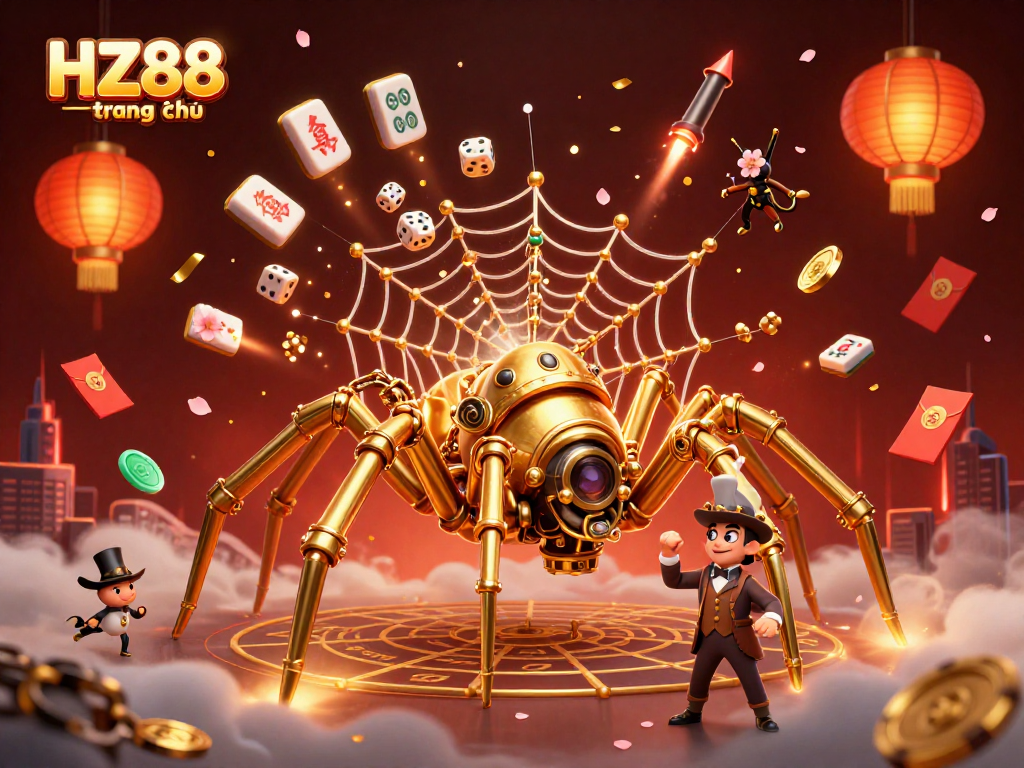 Experience the excitement of HZ88 trang chủ with a steampunk spider and playful dice in a rich casino setting.