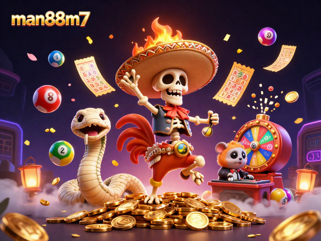 Experience exciting wins at man88m7 with a vibrant skeleton rooster, golden lottery elements, and casino-inspired scene.