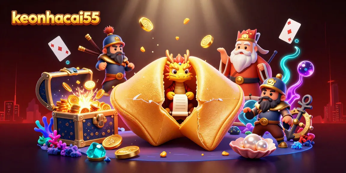 Experience keonhacai55 fortune with a golden cookie and dragon in a dazzling casino-themed scene.